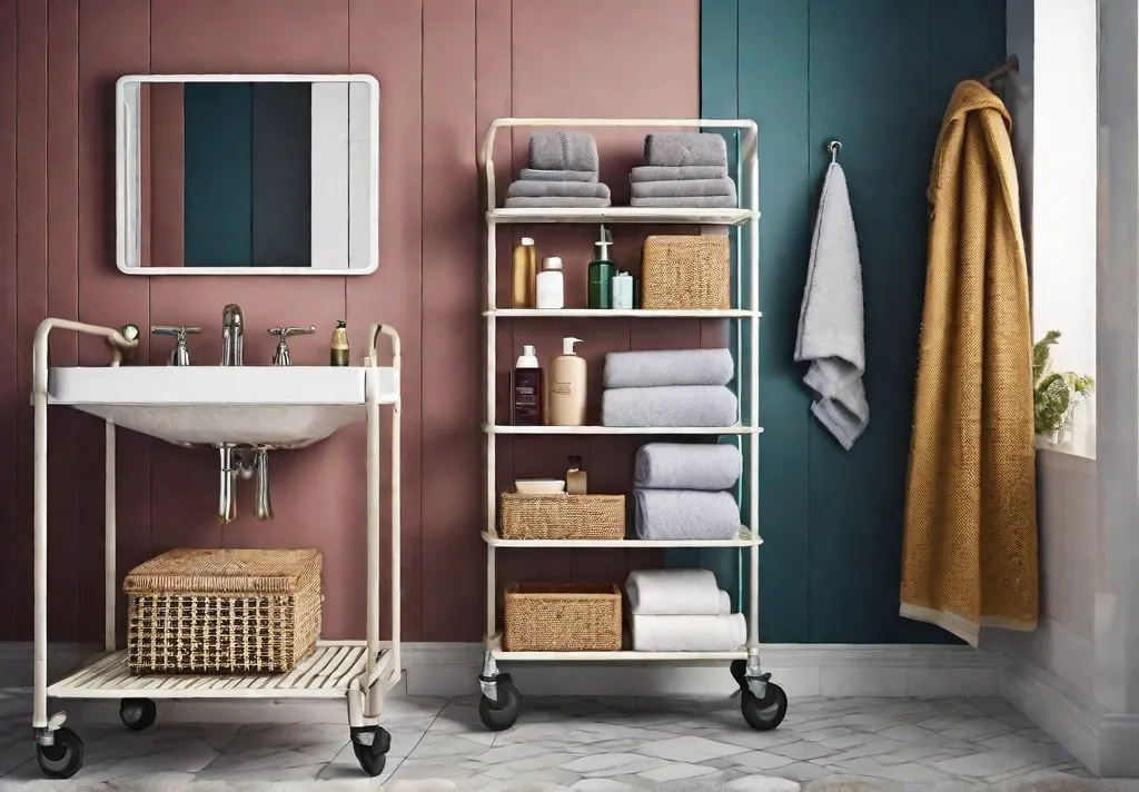 A vibrant rolling storage cart decked with bathroom supplies