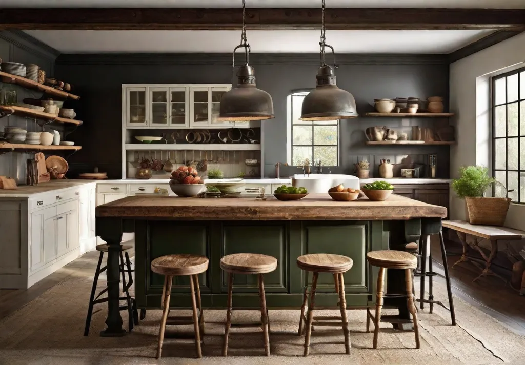A vintage kitchen setting with an antique wooden island at its center