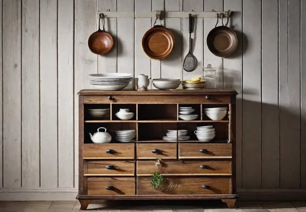 A vintage wooden dresser repurposed as a kitchen storage unit
