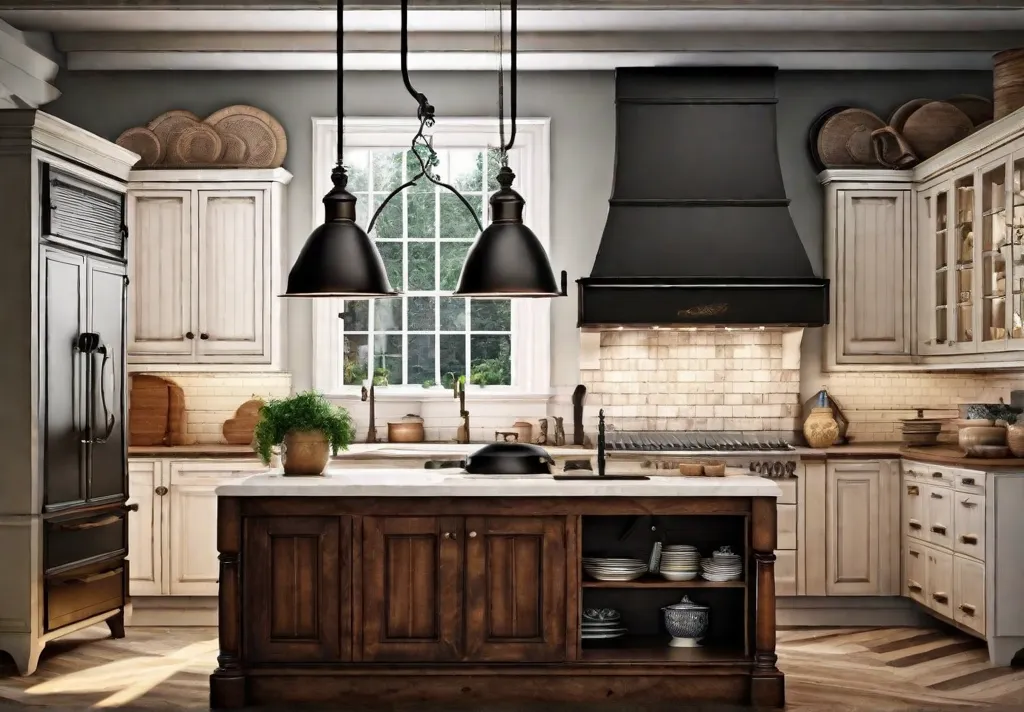 A vintagestyle kitchen featuring an antiquestyle range surrounded by rustic accessories such