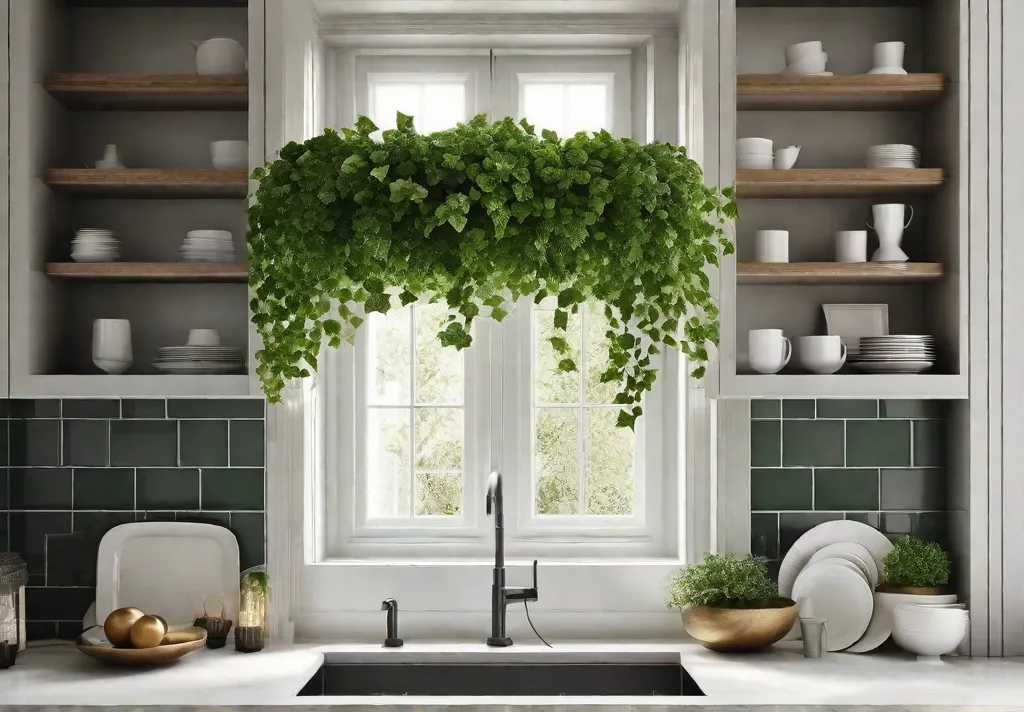A whimsical hanging planter adorned with trailing ivy
