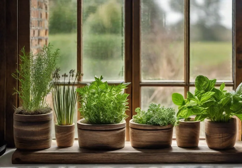 A windowsill herb garden with a variety of herbs in distressed wood