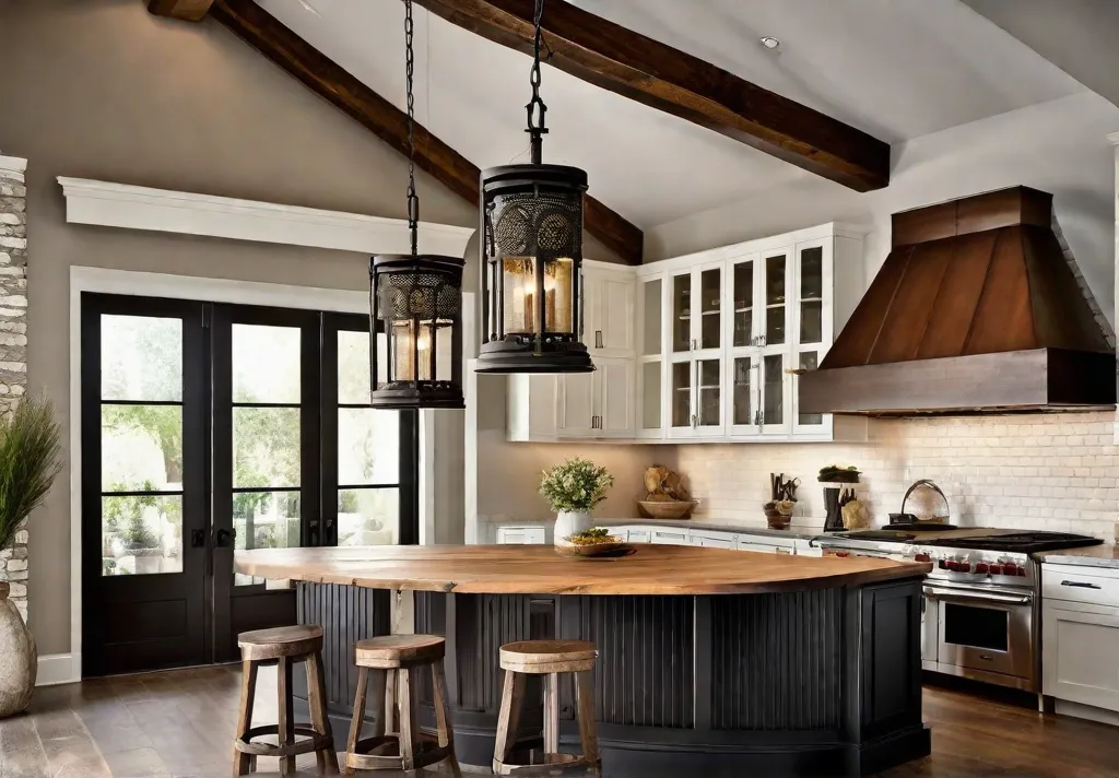 An antique wrought iron lantern hanging above a rustic kitchen island surrounded