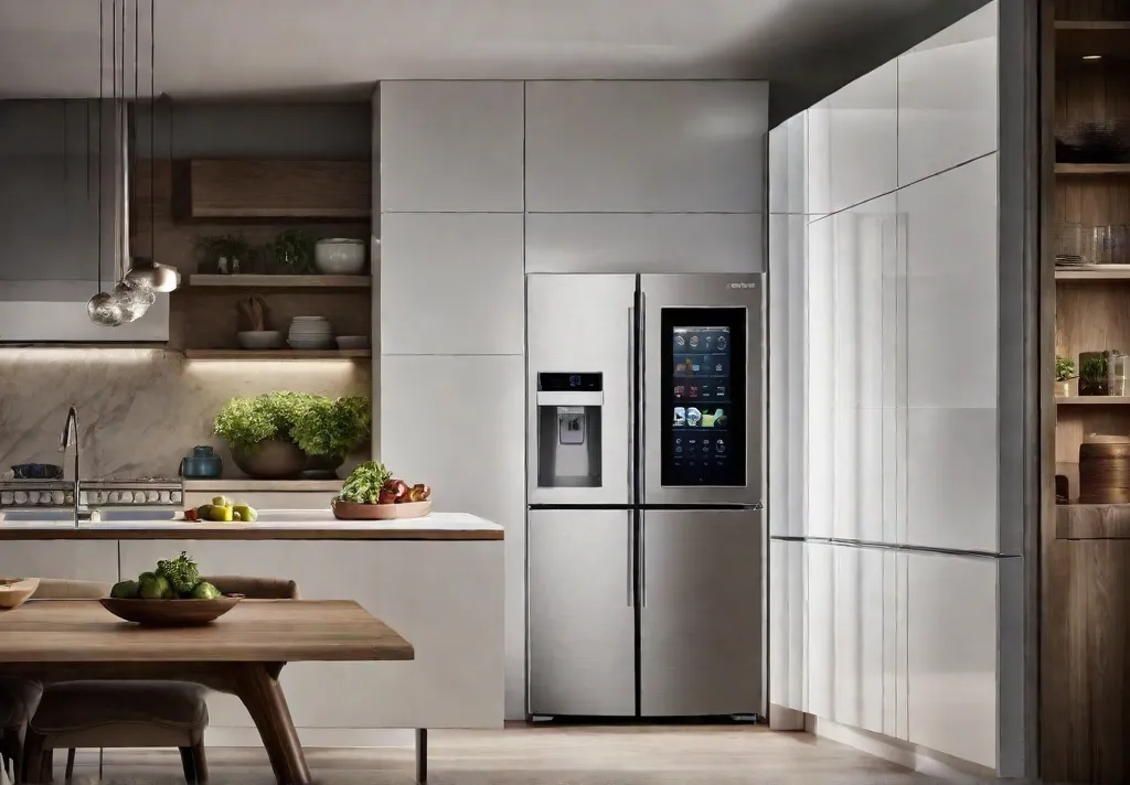 An artistic rendering of a smart fridge in a kitchen setting
