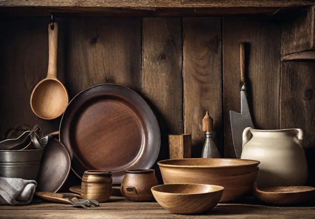 An artistic shot of aged rustic kitchenware and handmade wooden utensils arranged