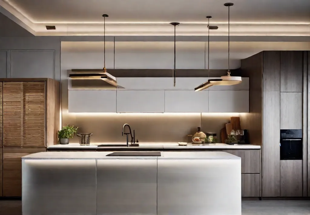 An artistic shot of layered lighting in a modern kitchen
