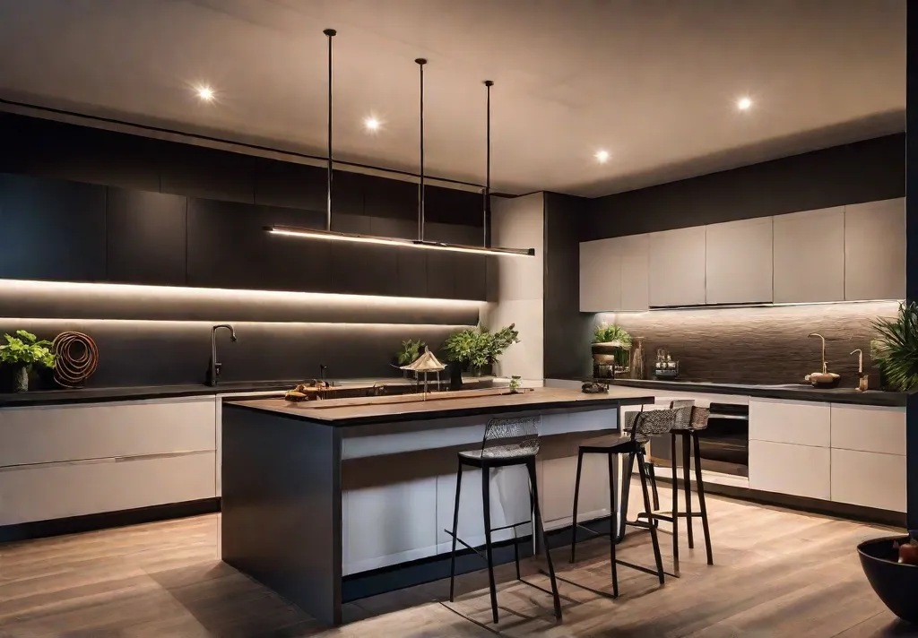 An atmospheric shot of a kitchen at night lit solely by smart