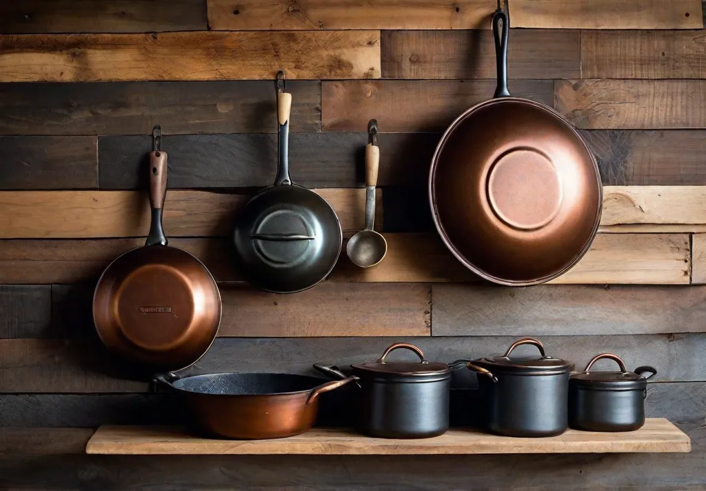 An elegant arrangement of cast iron and copper cookware hung against a
