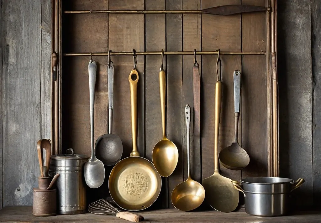 An elegant display of antique cooking utensils including wooden spoons brass ladles