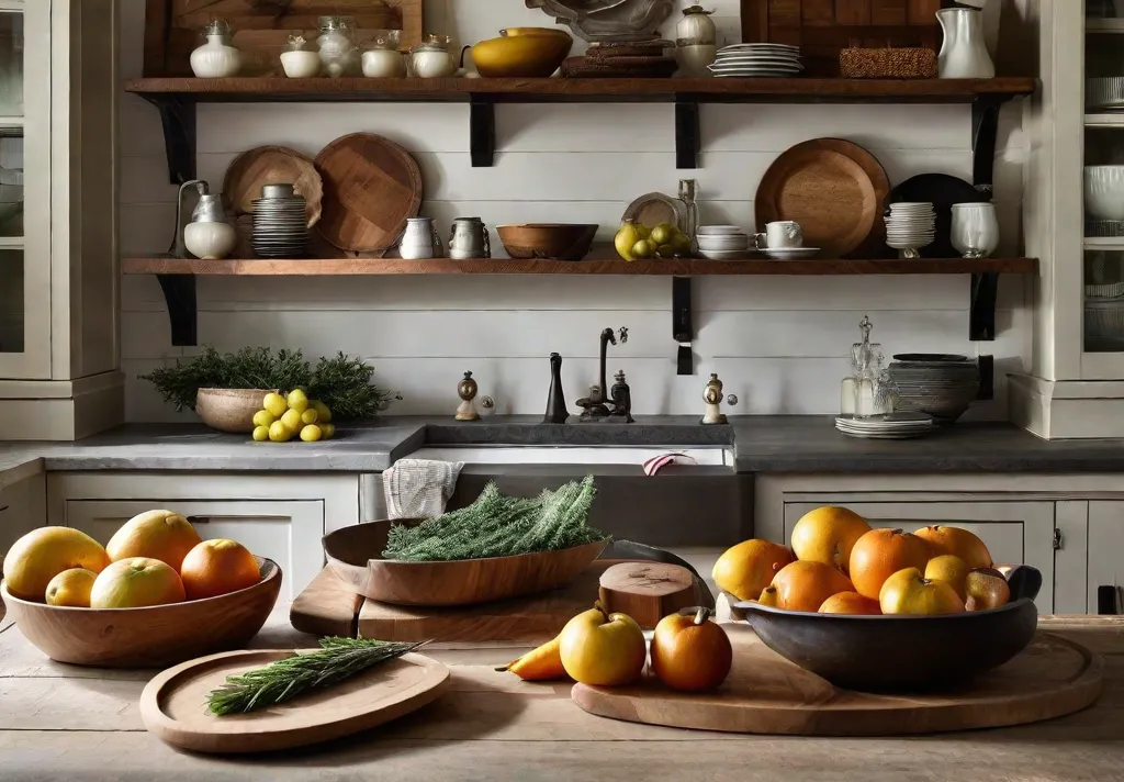 An elegant display of decorative flourishes in a farmhouse kitchen