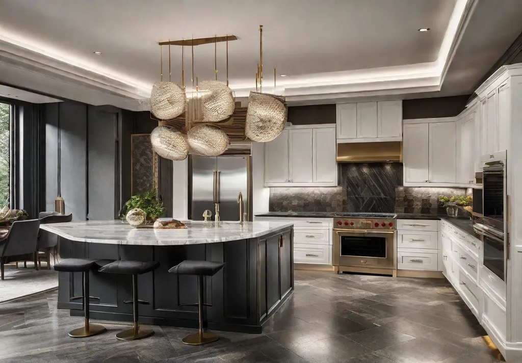 An elegant kitchen featuring a combination of different backsplash materials including a
