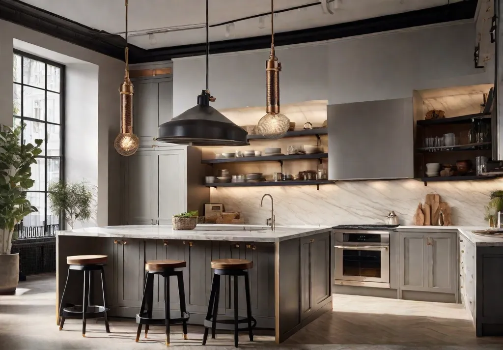 An industrialstyle kitchen with pendant lights featuring sleek metal finishes and exposed