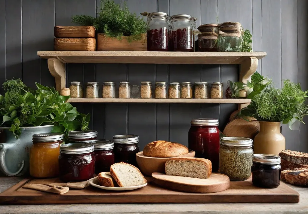 An inspirational photo of a rustic farmhouse kitchen table setup featuring upcycled cabinet door serving trays laden with homemade country loaves and jars of artisan jams