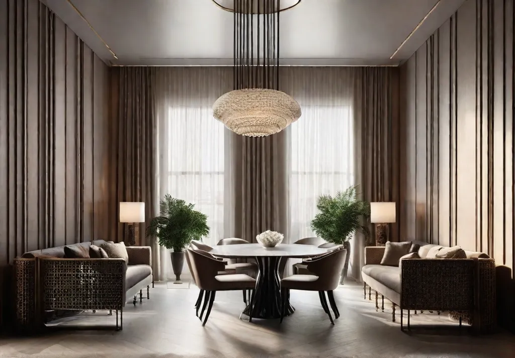 An intimate dining area lit by a statementmaking oversized fixture with bold