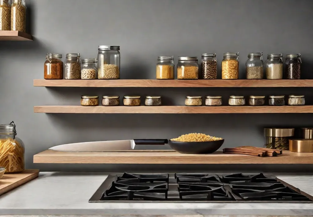 An organized kitchen counter showcasing a wooden floating shelf holding glass jars of dried pasta and grains
