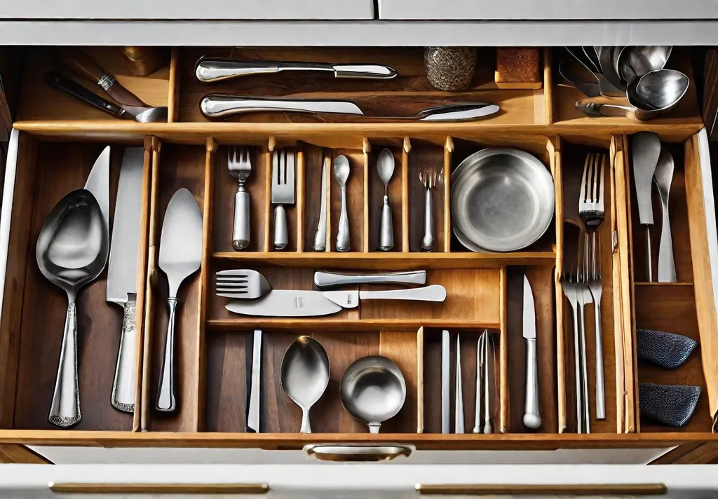An organized kitchen drawer with bamboo organizers
