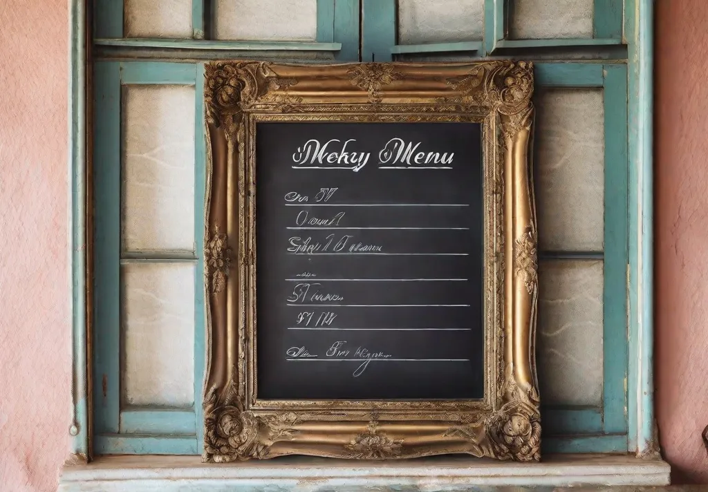 An ornate antique wooden frame repurposed as a quirky chalkboard listing the