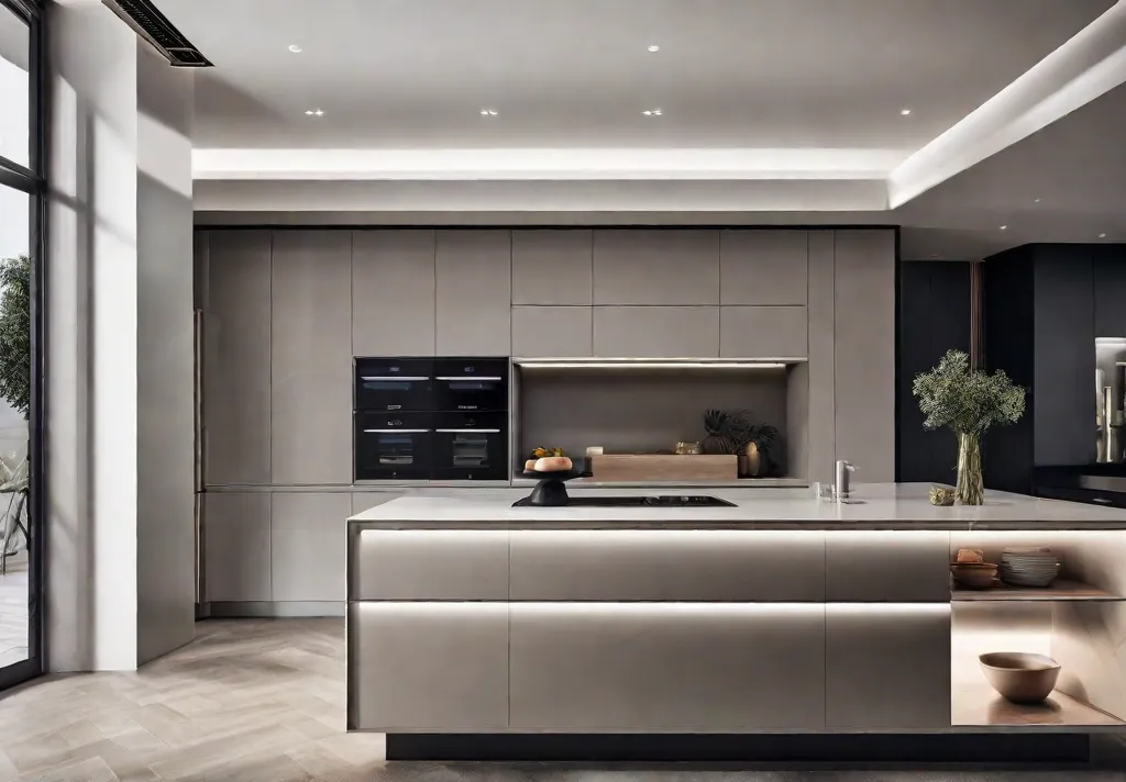 An ultramodern kitchen featuring a sleek minimalist island with a monochromatic color
