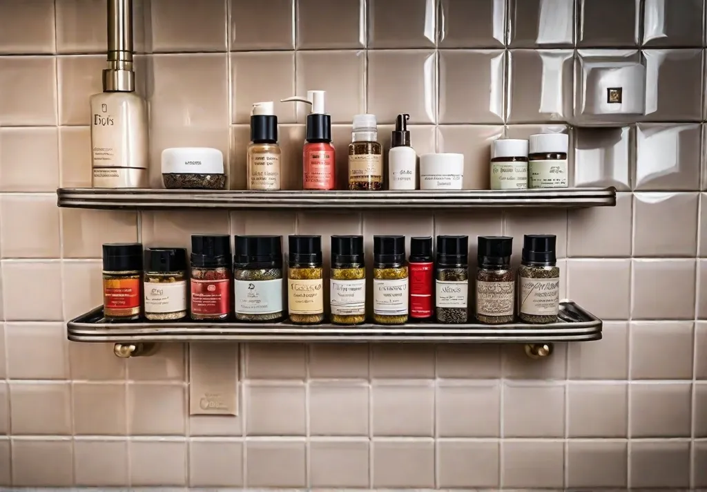 An upcycled spice rack attached to a bathroom wall
