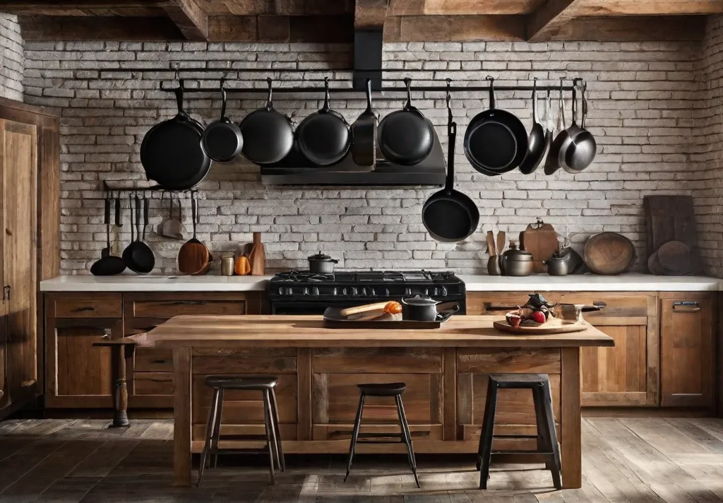 Cast iron pans and skillets of various sizes hanging from a wrought