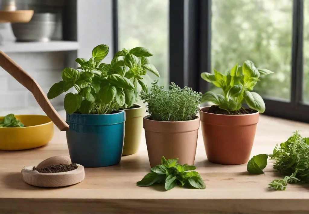 Close up shots of a DIY kitchen herb garden project