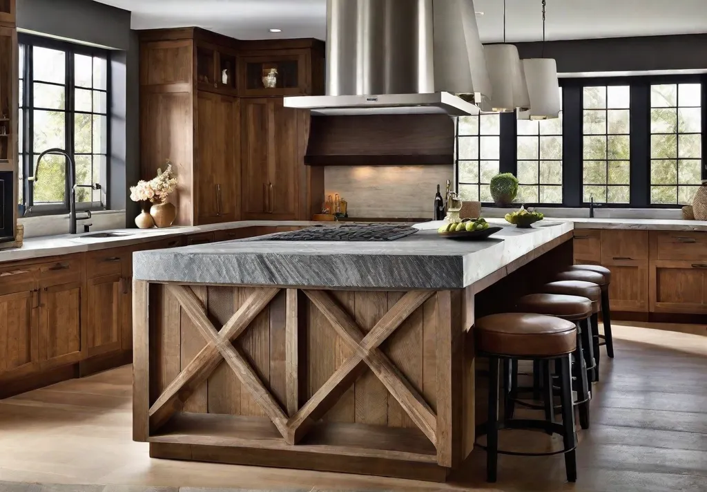 Close view of a farmhouse kitchen island with layered stone countertop edges