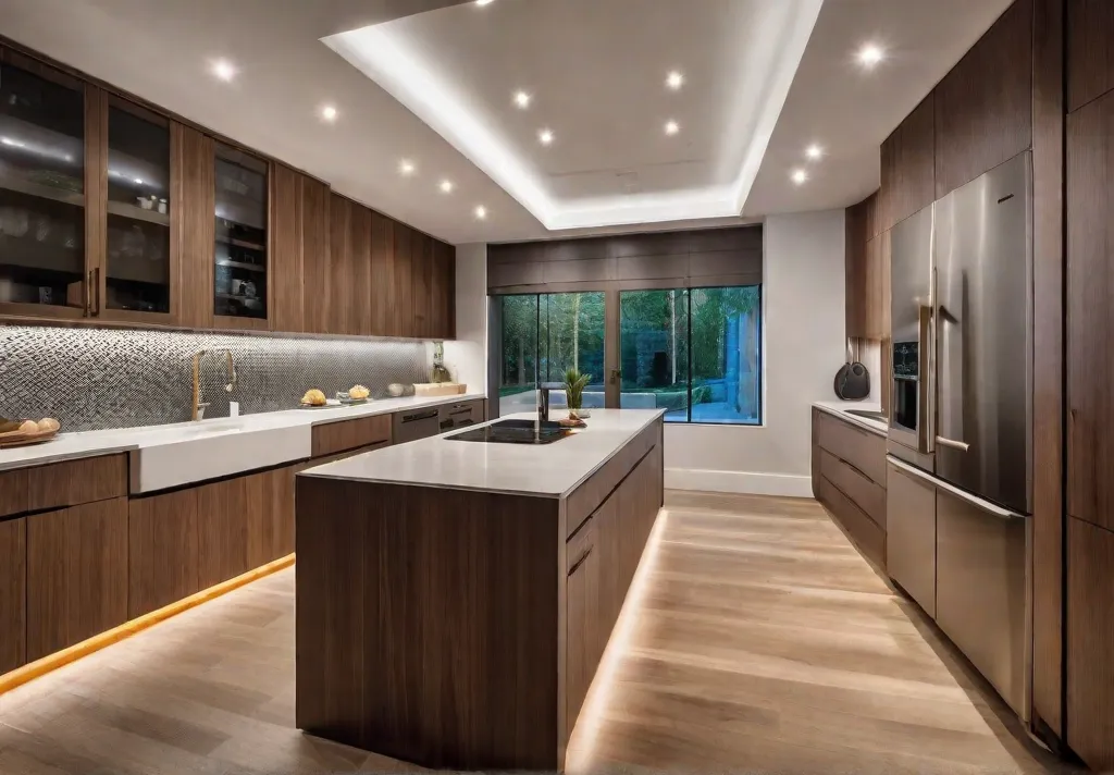 Closeup of a stylish voiceactivated ceiling light fixture in a contemporary kitchen