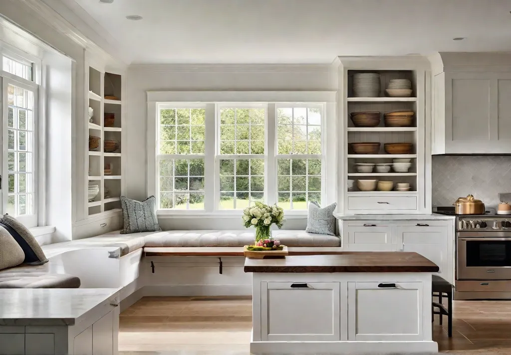 Cozy built in bench seating in a sunny nook of a farmhouse kitchen
