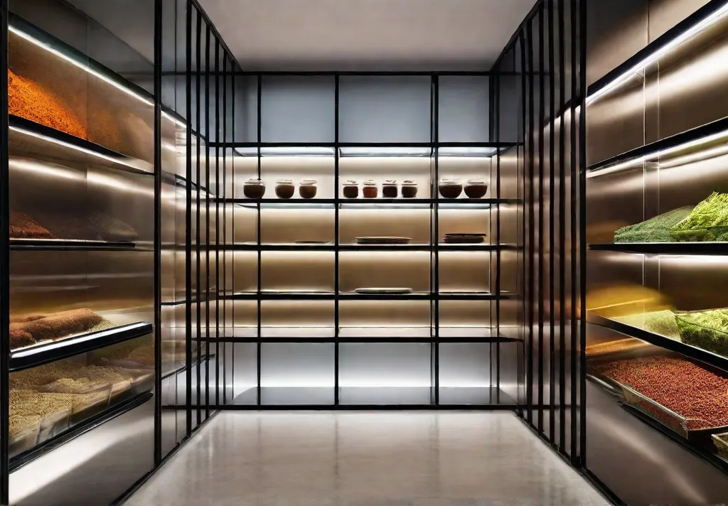 Creative LED lighting embedded in glass shelves within a metal frame showcasing