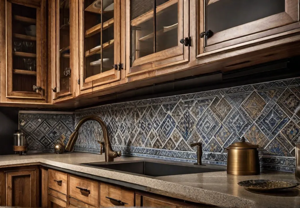 Detail shot of a kitchen backsplash featuring unique handmade tiles with intricate