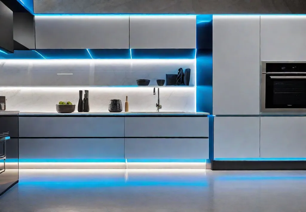 Innovative LED lighting strips installed under kitchen cabinets and toekicks creating a