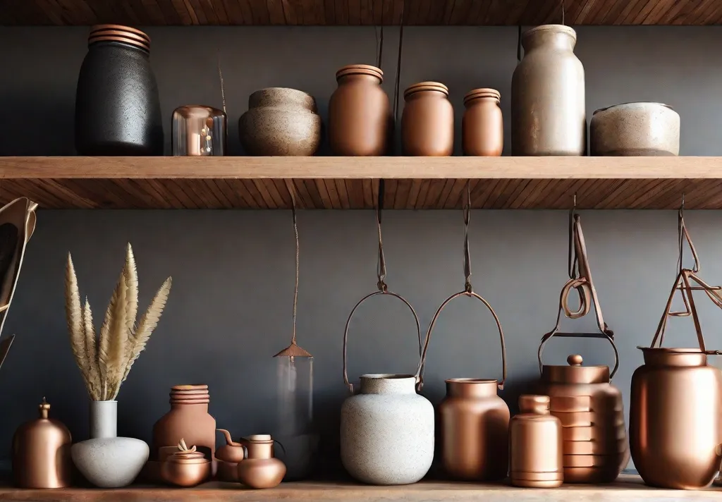 Open wooden shelving displaying a mix of earthenware mason jars and hanging