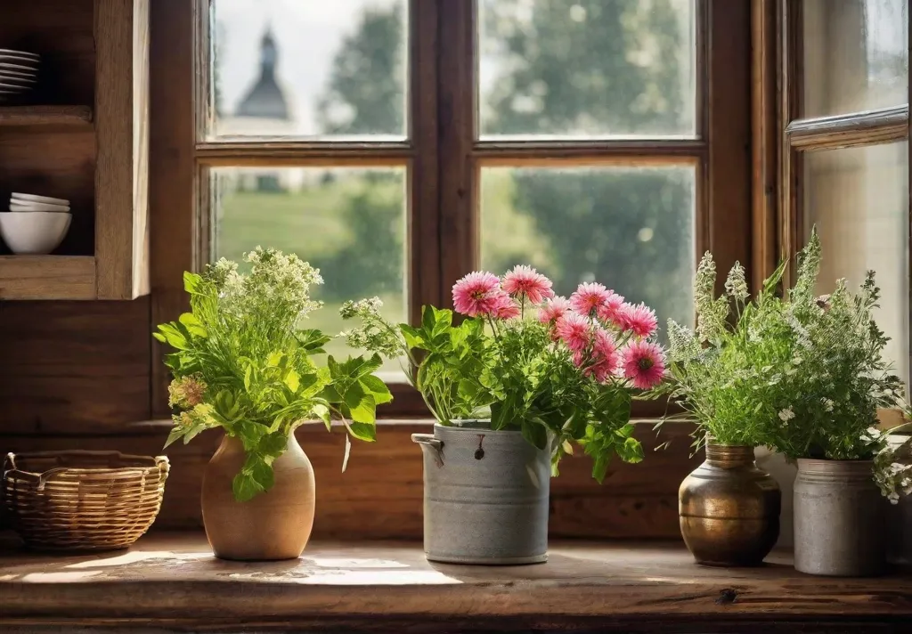 Peaceful corner of a rustic kitchen showcasing a flourishing indoor herb garden