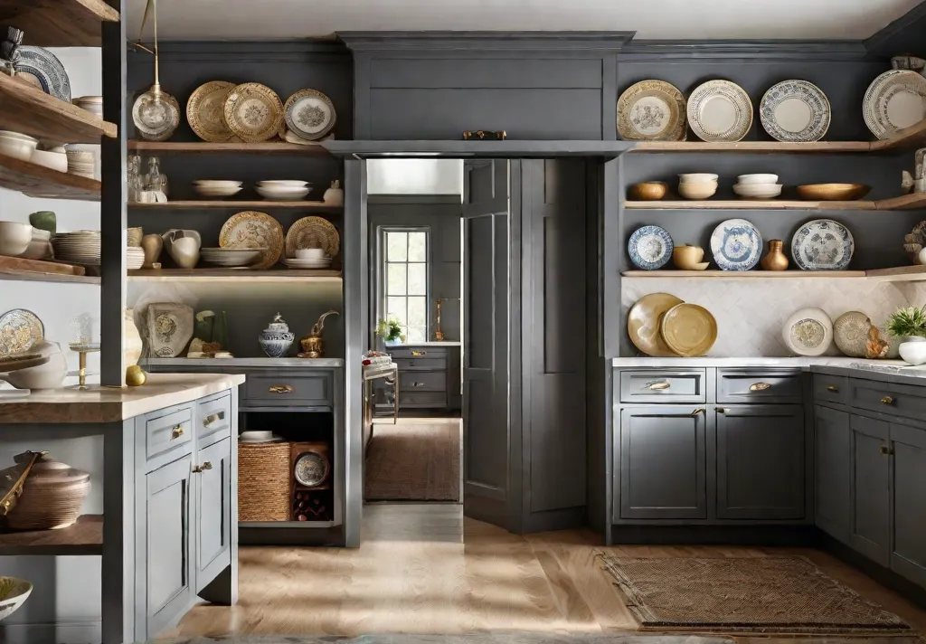 Personalized kitchen space featuring family heirlooms displayed on open shelves among which