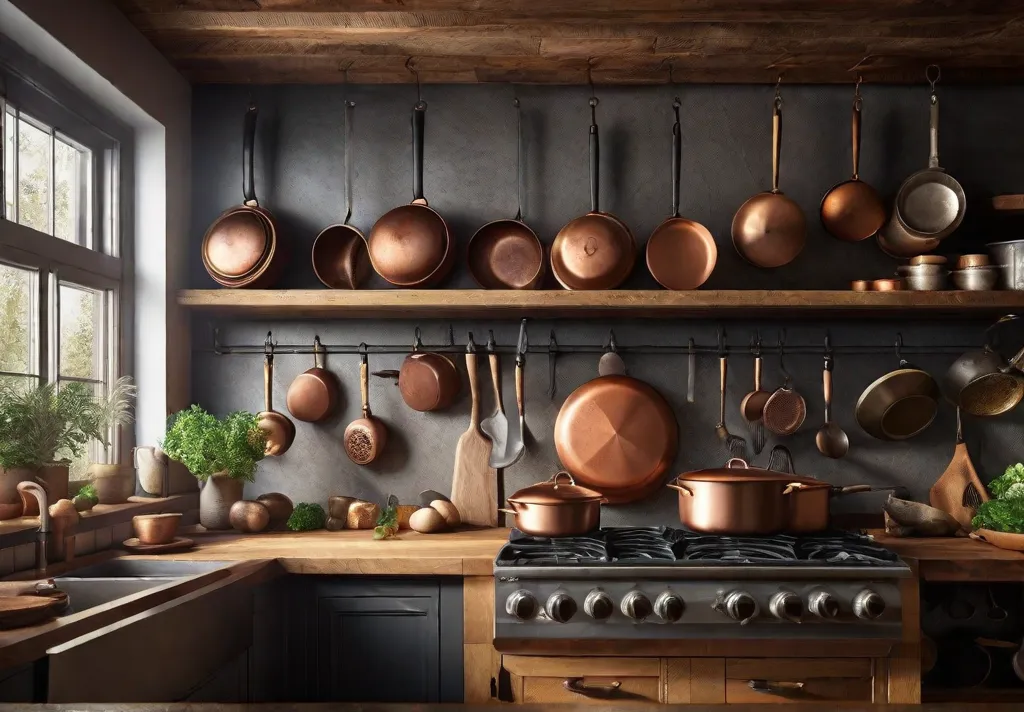 Rustic kitchen with exposed wooden shelving displaying a collection of cast iron