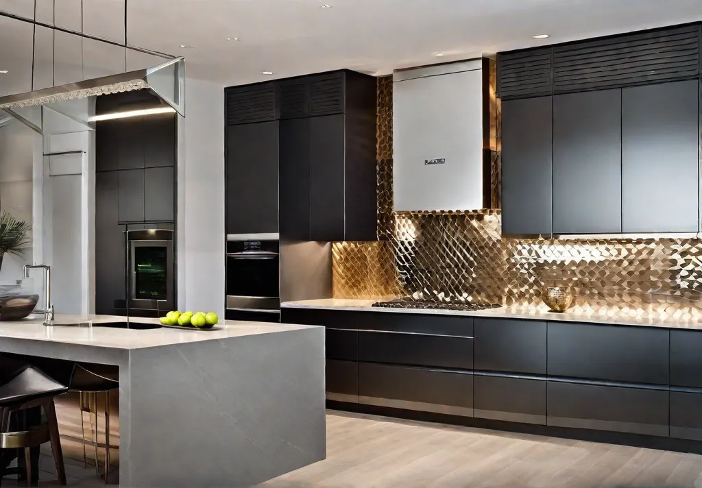 Sleek and modern kitchen showcasing a metallic backsplash made of stainless steel