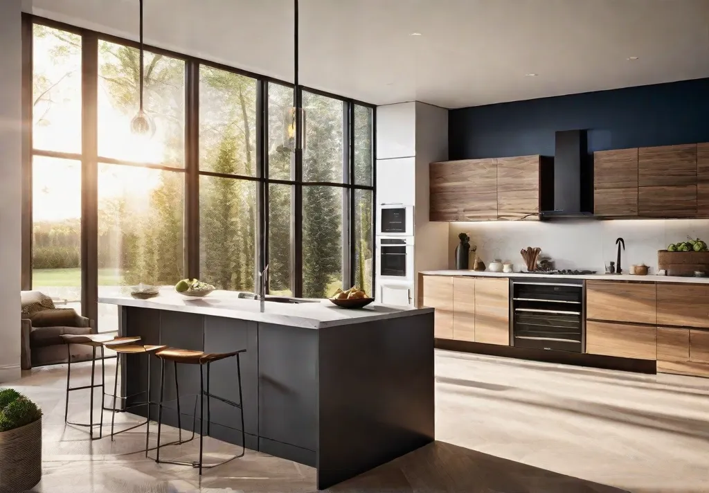 Sunlight pouring into a kitchen through large unobstructed windows highlighting the effectiveness