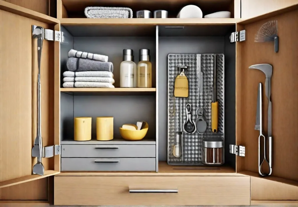 The interior of a bathroom cabinet featuring adhesive hooks and magnetic strips holding small tools and accessories
