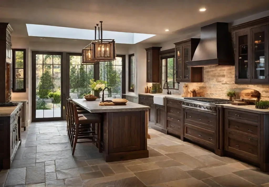 The warm ambiance of a rustic kitchen at dusk highlighting soft lighting