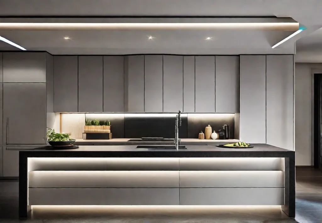 Undercabinet LED strips softly lighting a dark kitchen countertop creating a functional