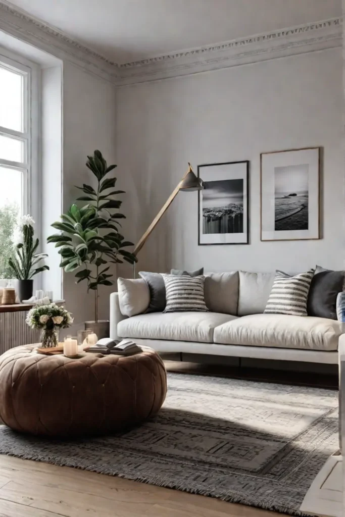 A Scandinavian living room with a cozy and inviting ambiance featuring plush