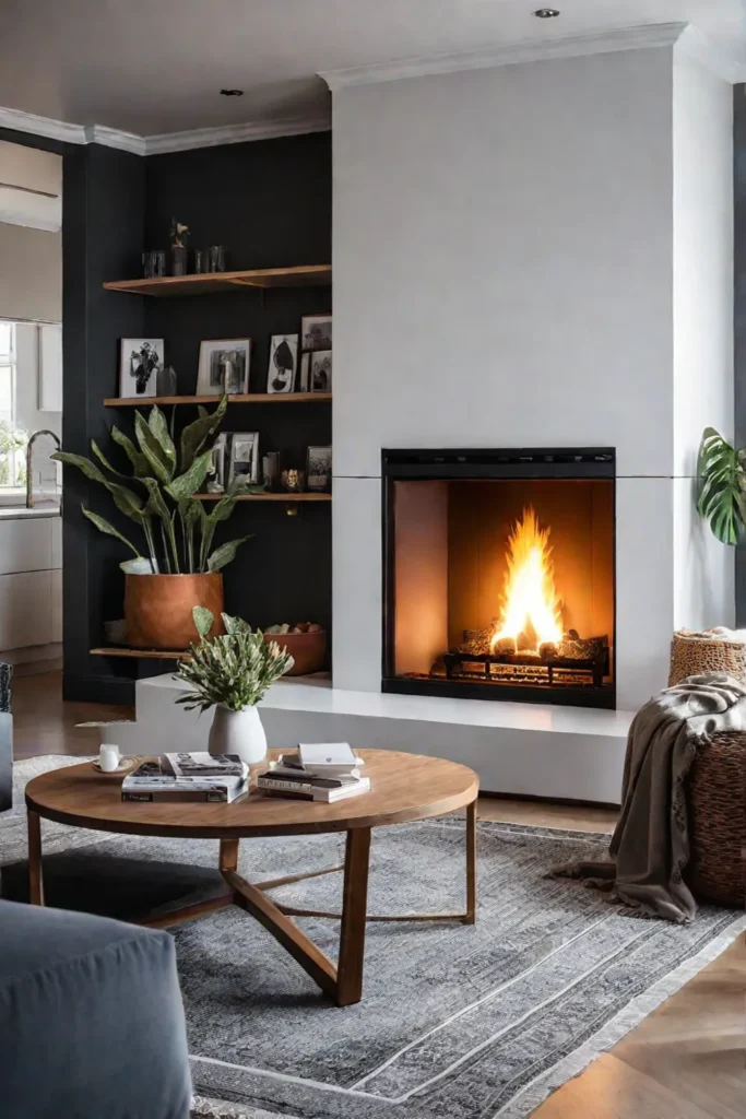 A Scandinavian living room with a cozy fireplace a soft gray sofa