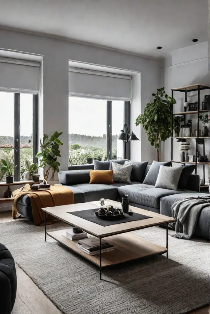A Scandinavian living room with a cozy inviting atmosphere featuring a plush