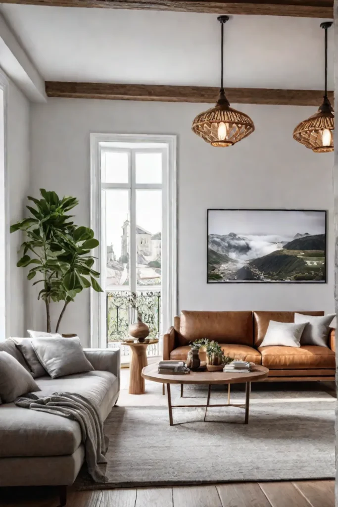 A Scandinavian living room with a mix of rustic and contemporary design