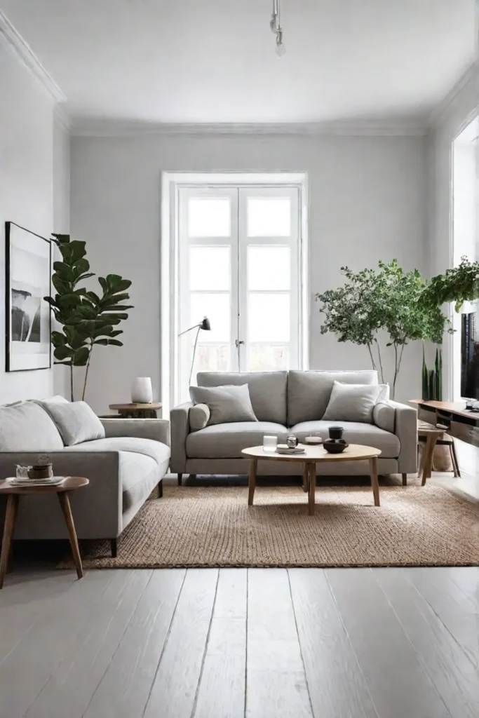 A Scandinavian living room with a simple wooden coffee table a white