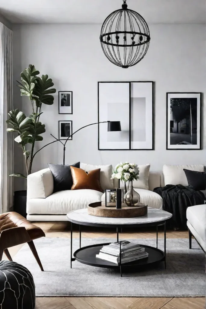 A Scandinavian living room with a welldesigned layout featuring practical and comfortable