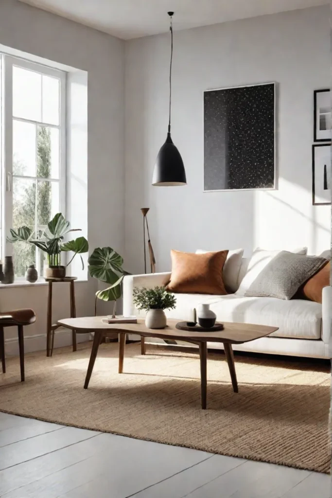 A Scandinavian living room with a wooden coffee table a simple white