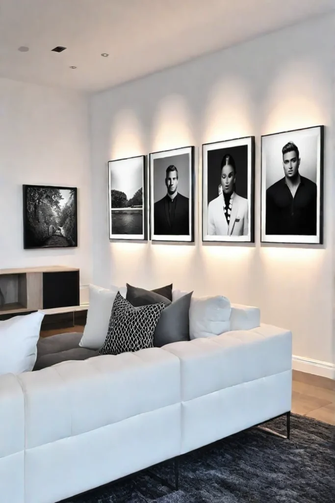 A Scandinavianinspired living room with a minimalist gallery wall featuring blackandwhite art