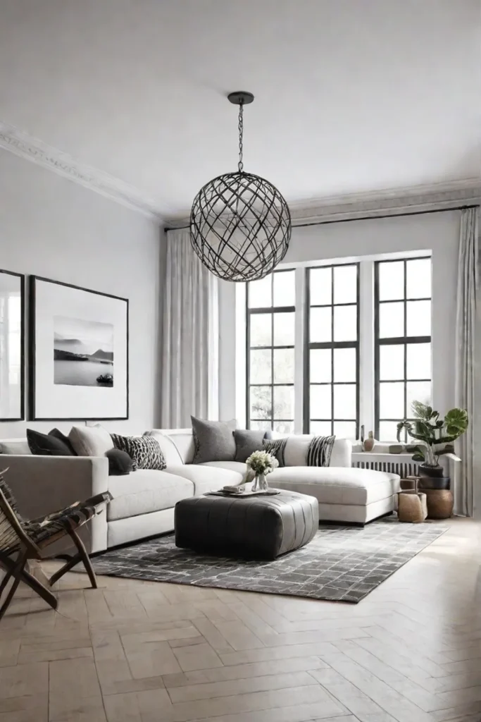 A Scandinavianinspired living room with a neutral color scheme geometric patterns and