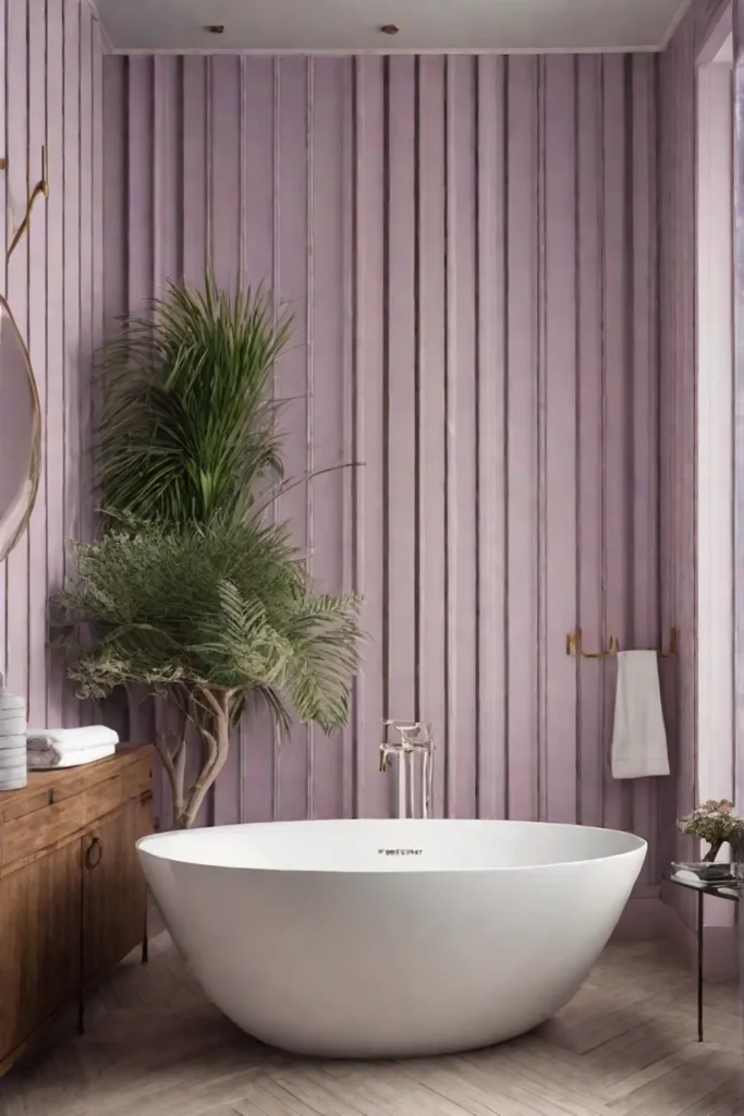 A bathroom wall adorned with vertical stripes in a subtle shade of